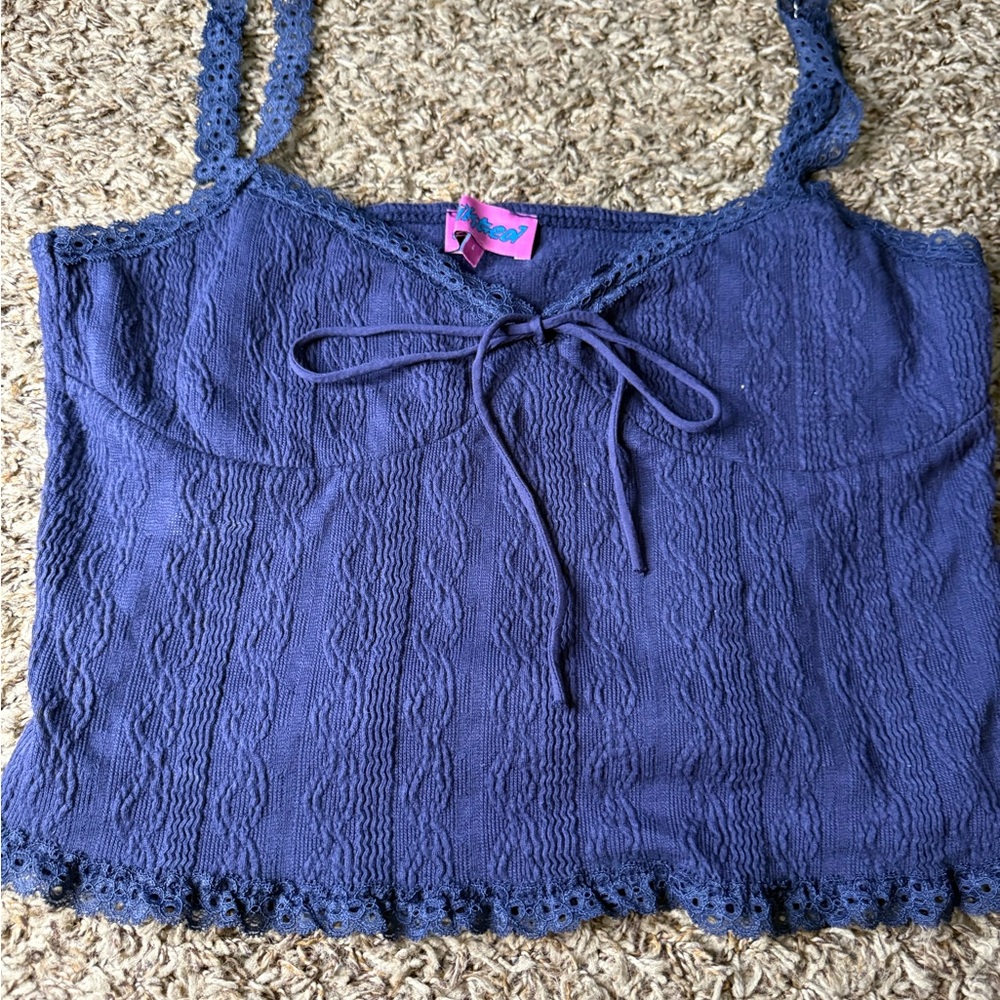 Boho Blue Lace Trim Tie Front Crop Top Cami Cottagecore Festival Large
